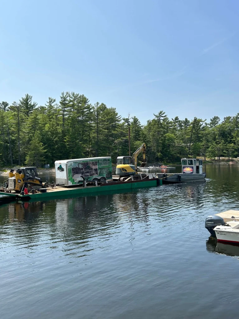 Moving landscaping equipment and materials by boat